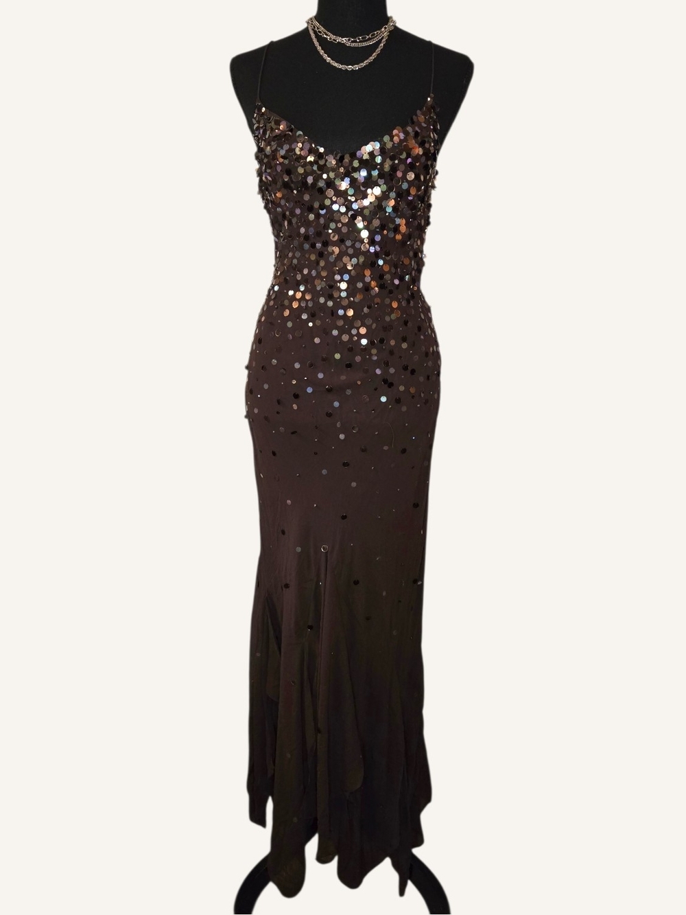 Vintage Asymetrical Brown Sequin Silk Slip Maxi Dress!